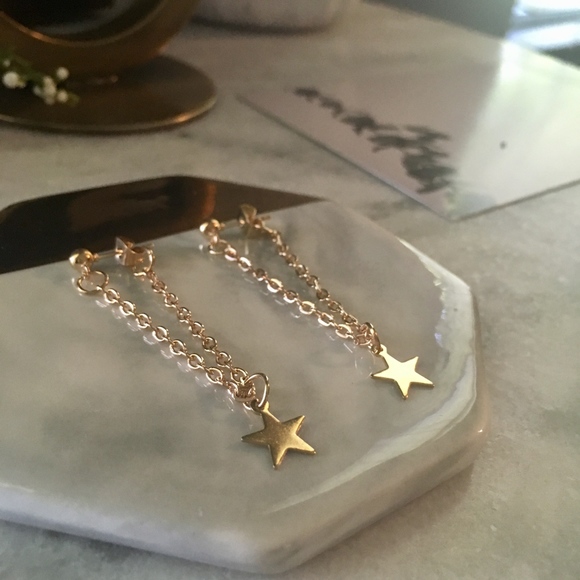 Star Chain Drop Hoop Gold Ear Jacket Earrings - Picture 6 of 7